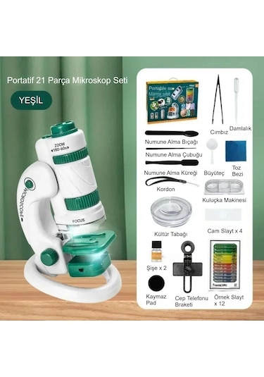 Triline Mikroskop Deney Seti 180x Portatif Led Işıklı Eğitici Öğretici 21 Parça Mobil Mini Taşınabilir