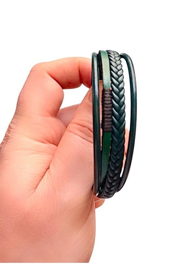 %100 Deri 4lü Kombin Yeşil Erkek Bileklik Boyut Net 20 Cm Yeşil