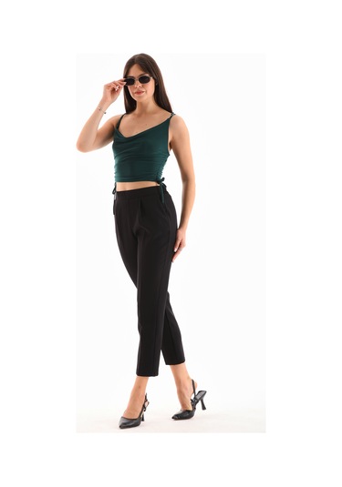 Ttl Arka Kemer Lastikli Ön Düz Yanlarda Cepli Şık Pantolon Siyah