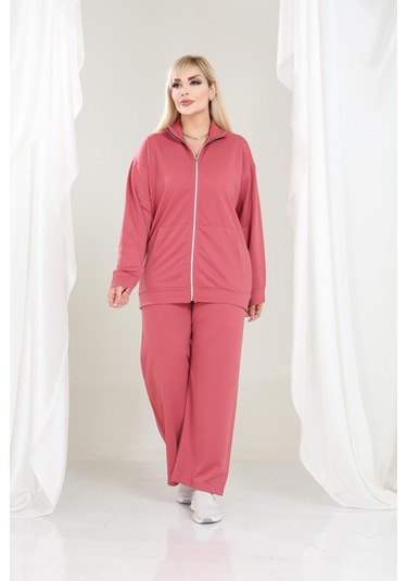 Kadın Büyük Beden Fermuarlı Uzun Kollu Rahat Günlük Eşofman Takım Pembe