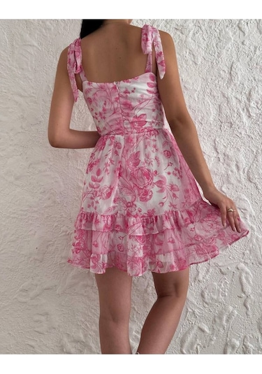 Kadın Çiçek Desenli Pembe Elbise Pembe