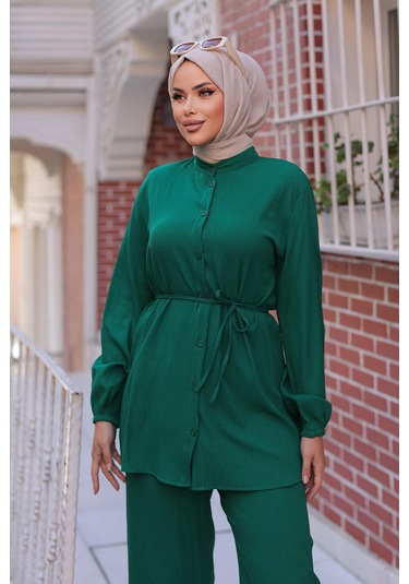 Hakim Yaka Detaylı Tesettür Yeşil Takım Yeşil