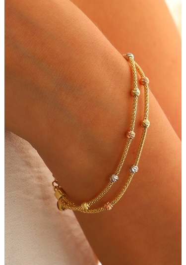 Moom Mücevherat 14 Ayar Altın Dorika Toplu Altın Bileklik Popcorn Renkli Toplar İki Sıra Çok Renkli