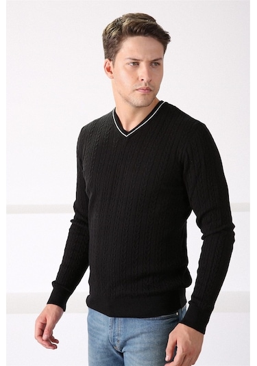 Ferraro Siyah V Yaka Erkek Pamuk Kazak Siyah (490435483) Siyah