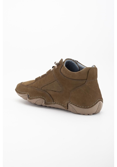 Hakiki Deri Nubuk Erkek Bot Haki Elastik Bağcıklı Saraçlı Taban-3486 Haki