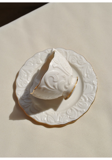 2'li Pera Yaldızlı Kabartma Desenli Türk Kahve Fincan Takımı 4 Pa