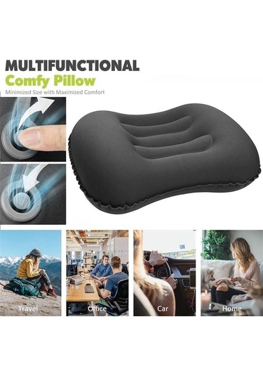 Pazly Siyah Büyük Seyahat Kamp Yastığı - Kafa Dayanağı Şişme Yastık, Dikdörtgen Konforlu, Uyku Desteği Siyah