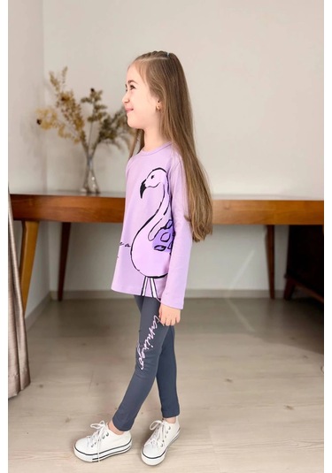 Flamingo Desenli Lila Renk Kız Çocuk Mevsimlik Taytlı Takım Lila