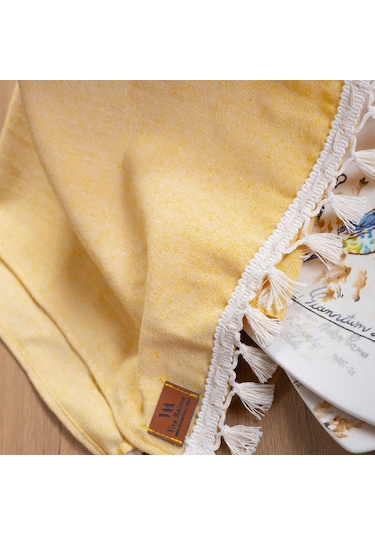 Vivamaison Sarı Düz Püsküllü Pamuk Kumaş 45X150 CM Runner