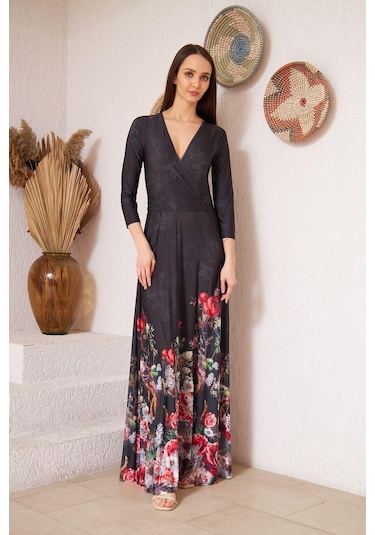 Darlin Moda Siyah Kruvaze Kırmızı Çiçek Desenli Abiye Elbise Dm1016
