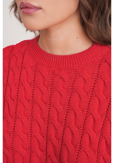 6863 Kadın Saç Örgülü Crop Triko Kazak Kırmızı Kırmızı