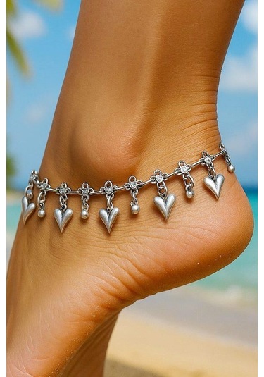 Büyük Kalpli Kadın Halhal Gümüş Kaplama Ayarlanabilir El Yapımı Halhal