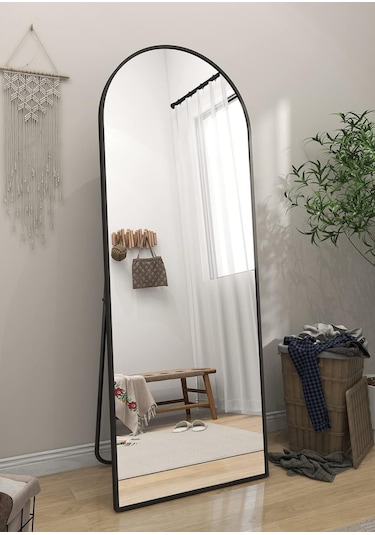 Zer 160x55 Kemerli Zemin Aynası,tam Boy Aynalı Duvar Aynası, Yatak Odası, Giyinme Odası İçin Standlı Siyah