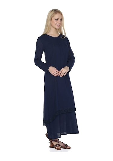 Uzun Kol Şile Bezi Nervürlü Uzun Elbise Lacivert