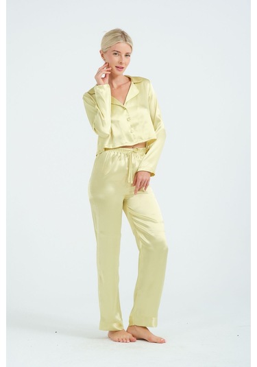 Laperissa Kadın Yeşil Crop Saten Pijama Takımı Gömlek Yaka, Düğmeli, Şık Ev Giyim Yeşil