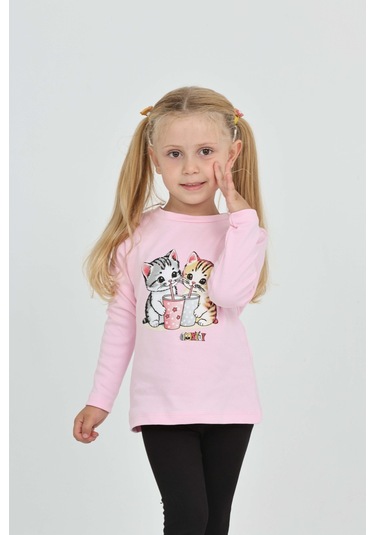 Toontoy Kız Çocuk İkili Kedi Baskılı Sweatshirt Pembe