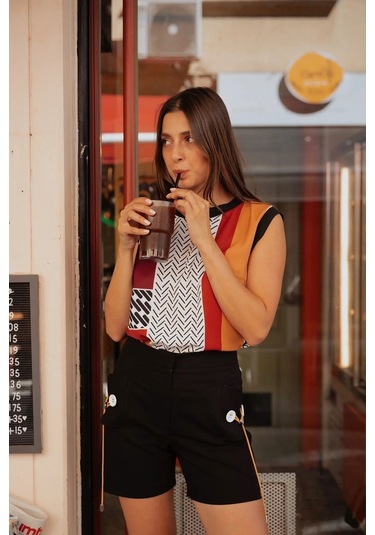 Kadın Desenli Blok Renkli Kolsuz Bluz Frn1108 Kırmızı