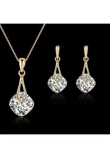 Moda Zarif Kolye, Küpe Swarovski Taşlı Set, Sevgililer Günü Altın - Beyaz