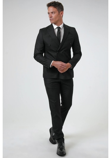 SÜVARİ Siyah Slim Fit Desenli Sivri Yaka 6 Drop Klasik Takım Elbise