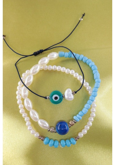 3lü Nazar Boncuklu İncili Boncuklu Asansörlü Lastikli İp Bileklik. Kadın İp Bileklik Halhal Çok Renkli