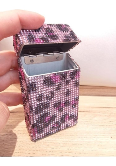 Nesgıft Pembe Leopar Swarovski Taşlı Slim (İnce) Uzun Sigara Kutusu