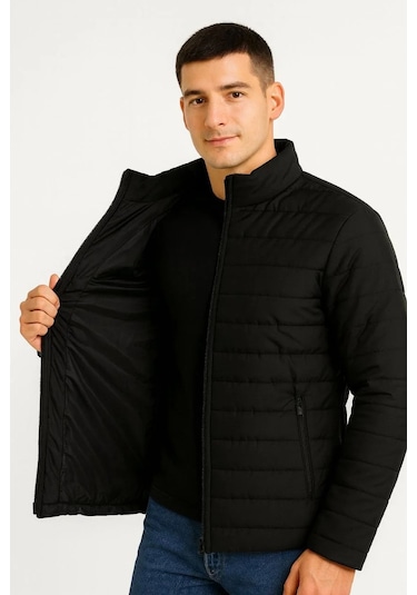 Erkek Bomber Mont Ceket Su İtici Kumaş, Kapitone Astarlı, Fermuarlı, Kışlık - Siyah Siyah