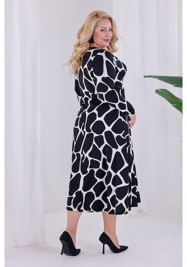 Kadın Siyah Beyaz Taş Desen Kruvaze Yaka Büyük Beden Esnek Maxi Elbise Siyah