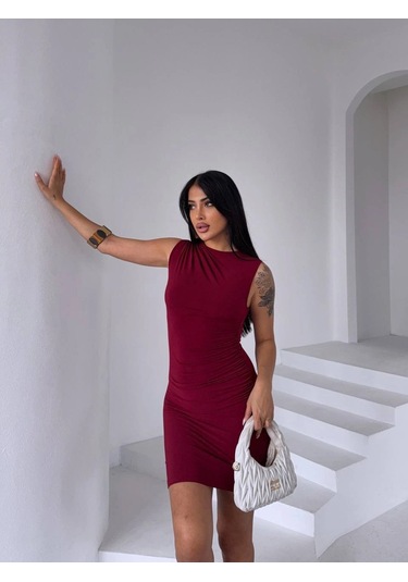 Modalima Bordo Drapeli Sandy Kumaş Elbise Çok Renkli