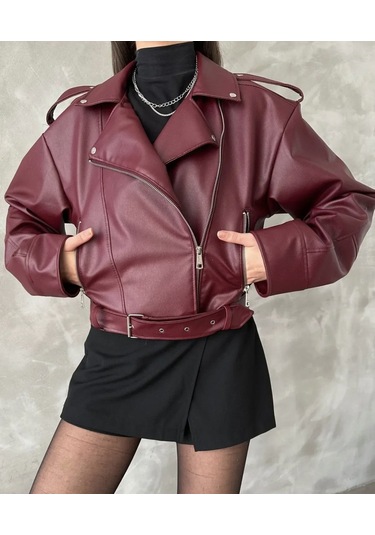 Prifaldi Suni Deri Crop Bıker Ceket Bordo