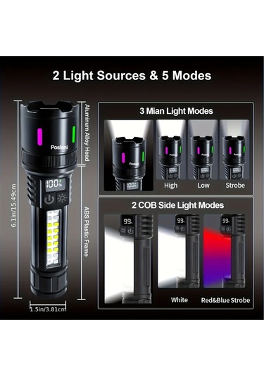 Xuweiwei Siyah Poslani 700 Lumen Usb Sarj Edilebilir Led El Feneri 7 Mod 2000mah Pil 800m Menzil 1 Takim Siyah