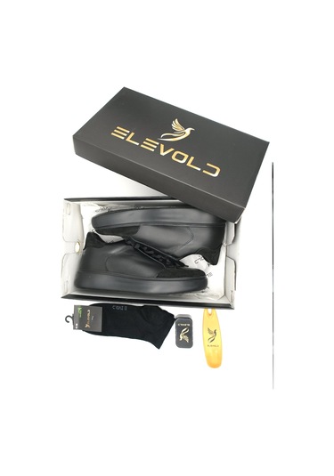Elevold Man Erkek Hakiki Deri 7 Cm Boy Uzatan Siyah Spor Ayakkabı Siyah