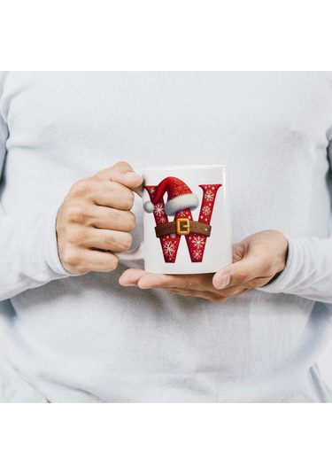 W Harfi Yılbaşı Temalı Bardak 330 Ml Harfli Kişiye Özel Hediye - Yeniyıl / Noel Şapka Tasarım Beyaz