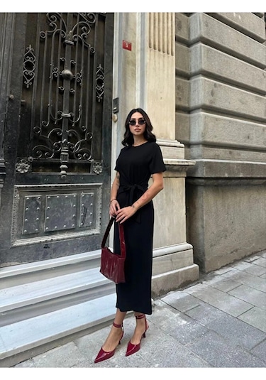 Modazeyosh Bağlamalı Modal Kumaş Elbise Siyah