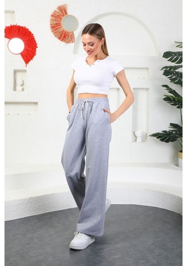Kallima Gri Mevsimlik Salaş Rahat Bol Paça Kadın Eşofman Altı Gri