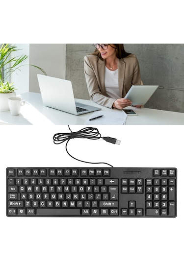 Ximistore9 104 Tuşlu Kablolu Büyük Harfli Klavye, Gençler Ve Yaşlılar İçin Usb Plug & Play Abs Malzeme Ofis/ev Kullanıma Uygun