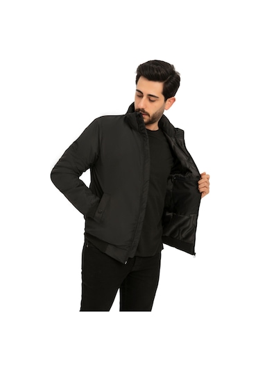 Erkek Siyah İçi Astarlı Dik Yaka Mevsimlik Cepli Su Ve Rüzgar Geçirmez Mont Siyah