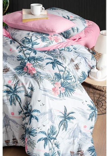 Mystory Home Lastikli Çarşaflı Çift Kişilik Nevresim Takımı Palmiye Mavi - Pudra