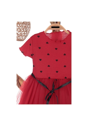 Kalp Baskılı 2-7 Yaş Arası Kırmızı Kız Çocuk Tüllü Elbise Doğum Günü Özel Gün Ve Geceler İçin Kırmızı