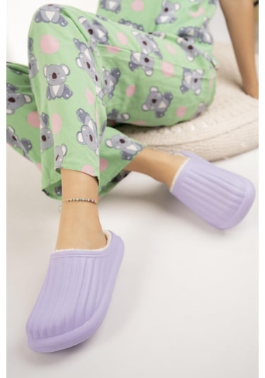 Modafrato Flora Kapalı İçi Yünlü Unisex Ev Terliği Kışlık Terlik Su Geçirmez Mor