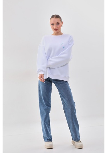 Kallima Oversize Baskılı İçi Polarlı Beyaz Kadın Sweatshirt Beyaz
