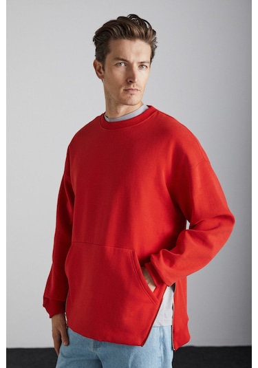 GRIMELANGE Santıagos Erkek Kangruru Cepli Fermuar Detaylı Arkası Yazı Baskılı Kırmızı Sweatshirt Kırmızı