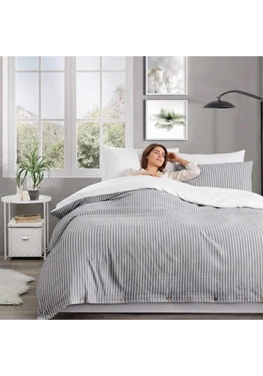 Çift Kişilik %100 Pamuk Ranforce Düğmeli Nevresim Takımı Lastikli Çarşaflı 200x220 Cm Gri Gri