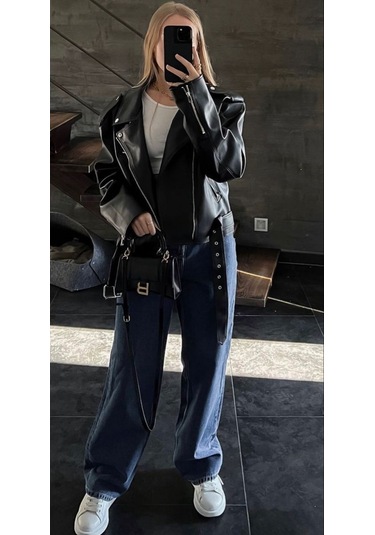 Prifaldi Suni Deri Crop Bıker Ceket Siyah