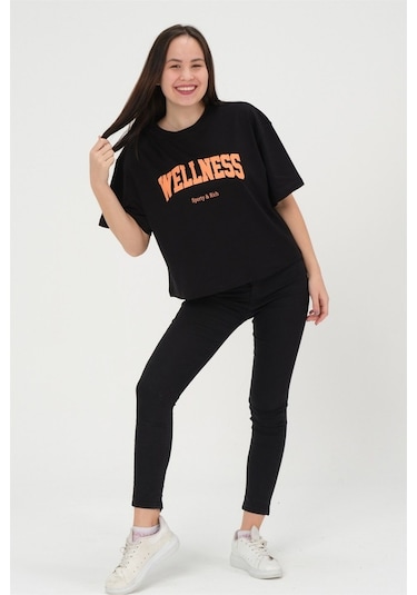 Oversize Kadın T-Shirt %100 Pamuk Tişört Siyah