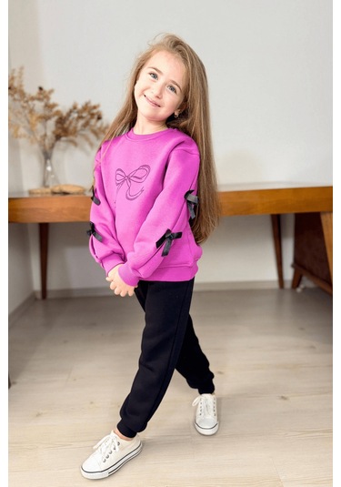 5-14 Yaş Kolları Fiyonklu Kız Çocuk Eşofman Takımı Pembe Pembe