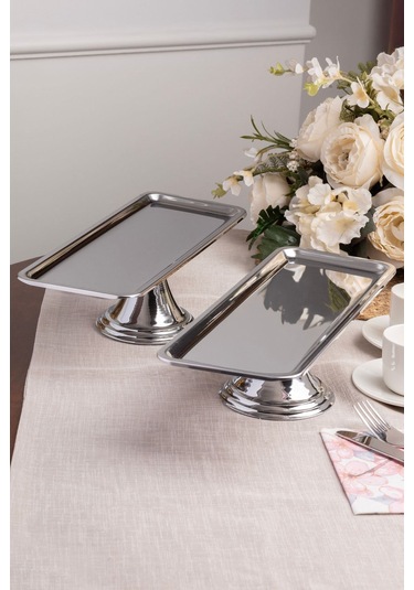 2'li Gümüş Dikdörtgen, Ayaklı Şık Kek, Pasta, Kurabiye Ve Tatlı Servis Sunum Standı Gümüş