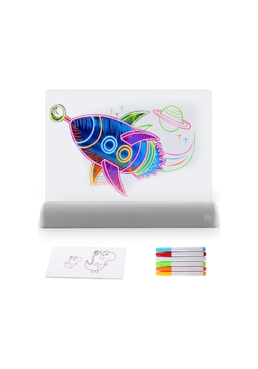Samdoo Gri Led Işıklı 3d Çizim Tahtası - 11 Renk Efekti, 6 Fosforlu Kalem, 5 Şablon, Silgi - Eğitici Oyuncağı Gri