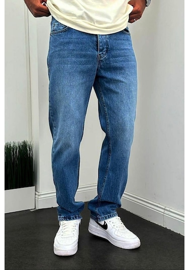 Baggy Rahat Kalıp Lacivert Taşlamalı Kot Pantolon-Erkek Lacivert