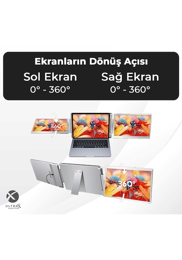 Ultrax 14" İkili Taşınabilir Monitör Çoklu Ekran 1200p Notebook Monitör
