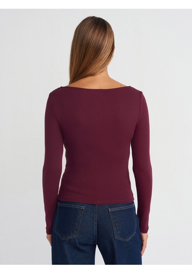 Dilvin 31401 Büzgülü Kayık Yaka Top-bordo Bordo